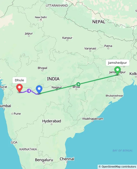 Route map showing distance and travel time from Jamshedpur, India to Dhule, India