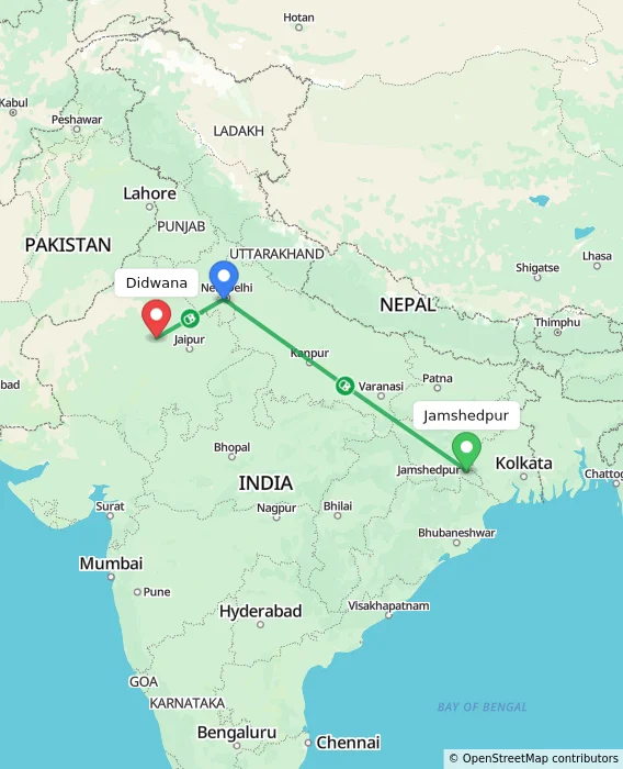 Route map showing distance and travel time from Jamshedpur, India to Didwana, India