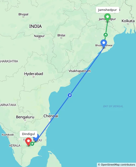 Route map showing distance and travel time from Jamshedpur, India to Dindigul, India
