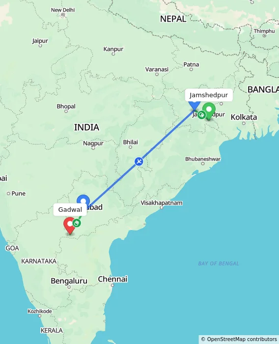 Route map showing distance and travel time from Jamshedpur, India to Gadwal, India