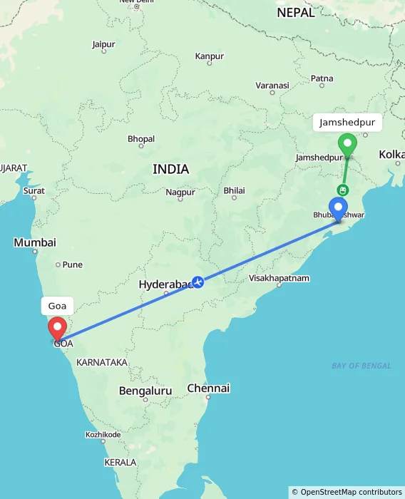 Route map showing distance and travel time from Jamshedpur, India to Goa, India