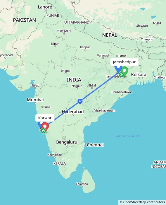 Route map showing distance and travel time from Jamshedpur, India to Karwar, India