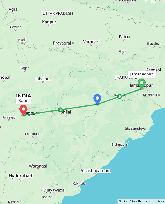 Route map showing distance and travel time from Jamshedpur, India to Katol, India