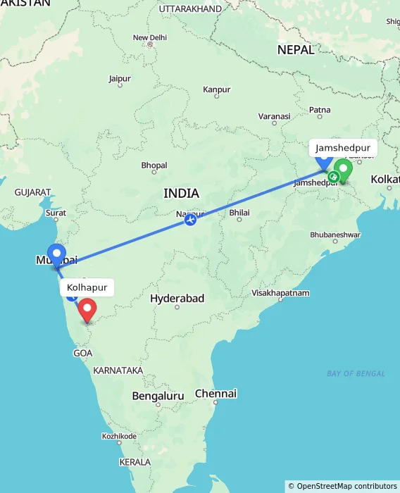 Route map showing distance and travel time from Jamshedpur, India to Kolhapur, India