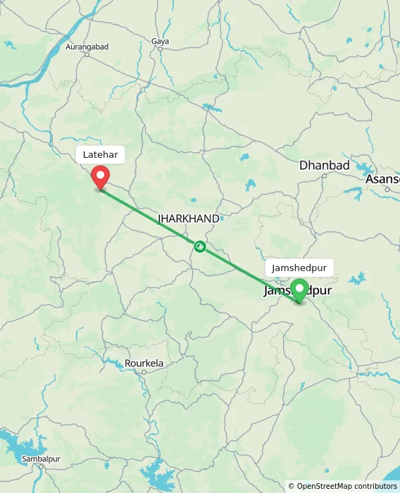 Route map showing distance and travel time from Jamshedpur, India to Latehar, India