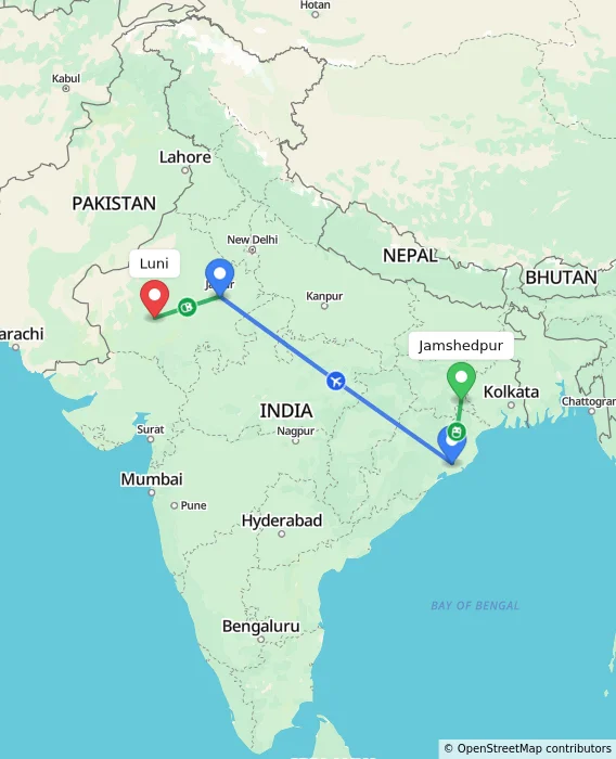 Route map showing distance and travel time from Jamshedpur, India to Luni, India