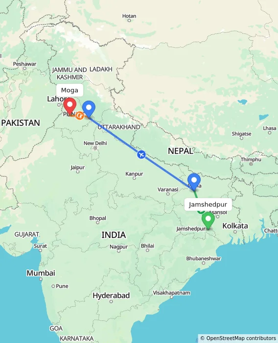 Route map showing distance and travel time from Jamshedpur, India to Moga, India
