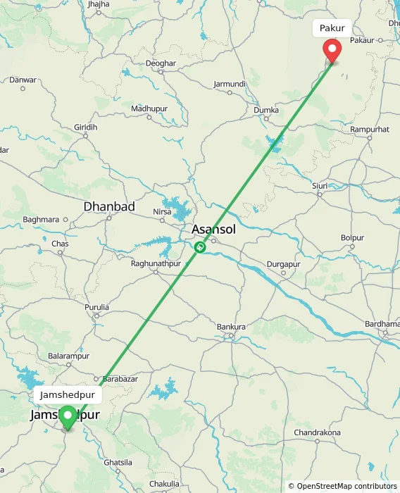Route map showing distance and travel time from Jamshedpur, India to Pakur, India