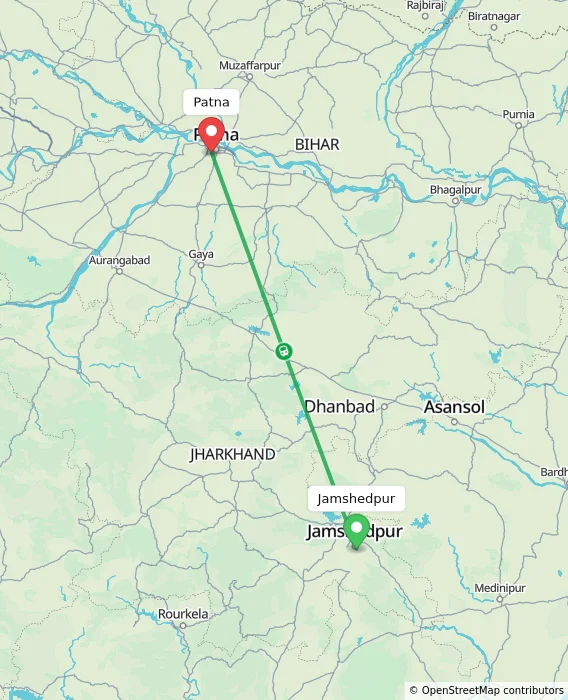 Route map showing distance and travel time from Jamshedpur, India to Patna, India