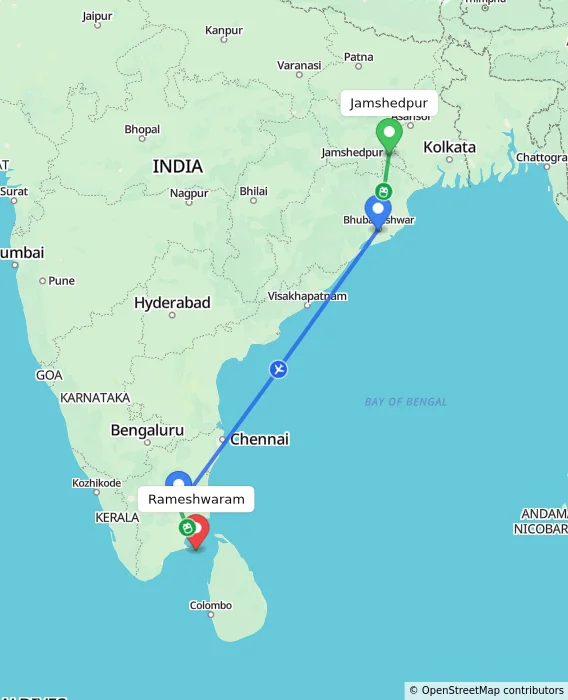 Route map showing distance and travel time from Jamshedpur, India to Rameshwaram, India