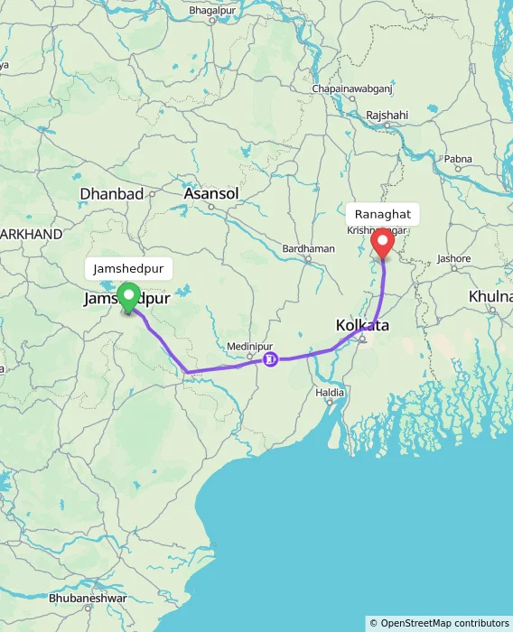 Route map showing distance and travel time from Jamshedpur, India to Ranaghat, India