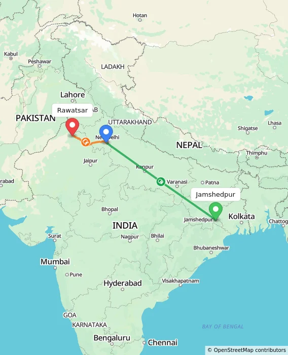 Route map showing distance and travel time from Jamshedpur, India to Rawatsar, India
