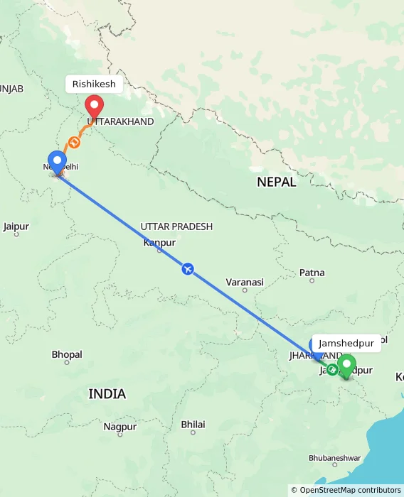 Route map showing distance and travel time from Jamshedpur, India to Rishikesh, India