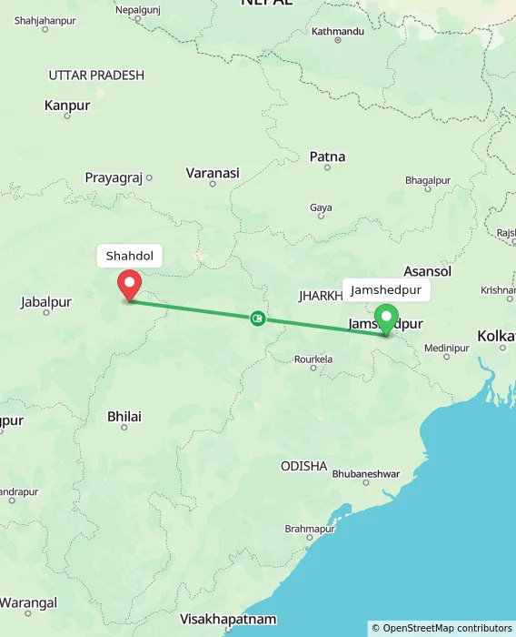 Route map showing distance and travel time from Jamshedpur, India to Shahdol, India