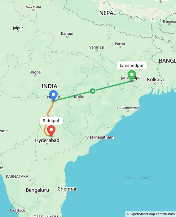 Route map showing distance and travel time from Jamshedpur, India to Siddipet, India