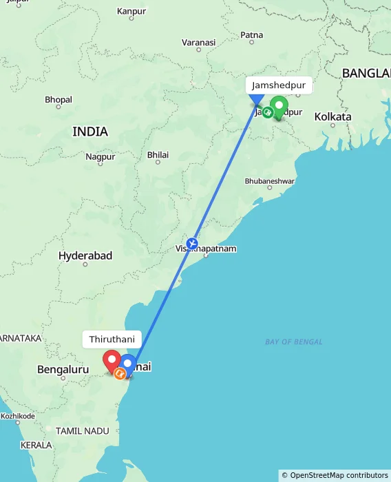 Route map showing distance and travel time from Jamshedpur, India to Thiruthani, India