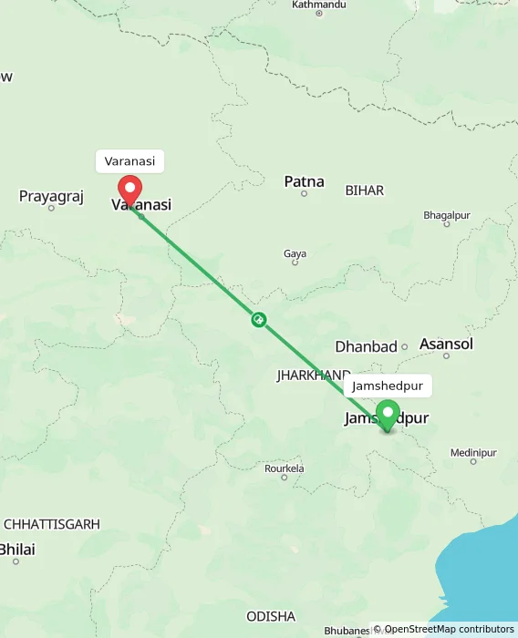 Route map showing distance and travel time from Jamshedpur, India to Varanasi, India