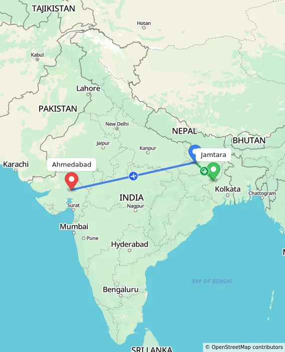Route map showing distance and travel time from Jamtara, India to Ahmedabad, India