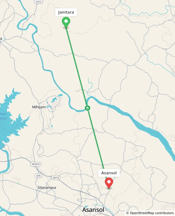 Route map showing distance and travel time from Jamtara, India to Asansol, India