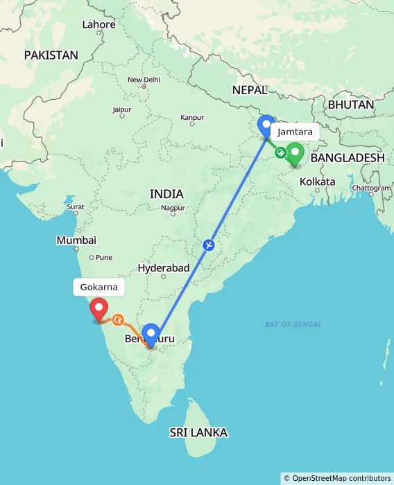 Route map showing distance and travel time from Jamtara, India to Gokarna, India