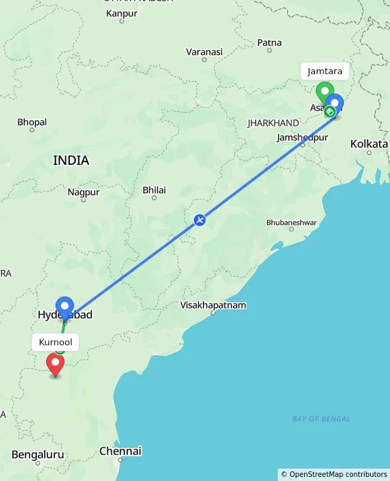 Route map showing distance and travel time from Jamtara, India to Kurnool, India