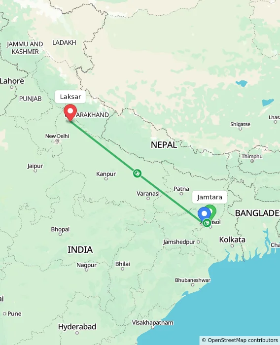 Route map showing distance and travel time from Jamtara, India to Laksar, India