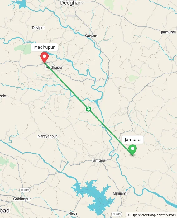 Route map showing distance and travel time from Jamtara, India to Madhupur, India