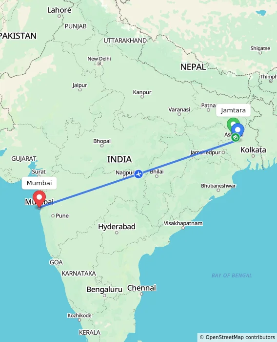 Route map showing distance and travel time from Jamtara, India to Mumbai, India