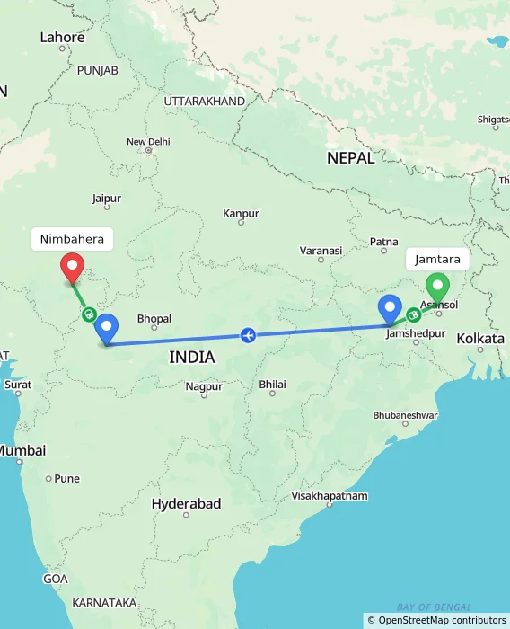 Route map showing distance and travel time from Jamtara, India to Nimbahera, India