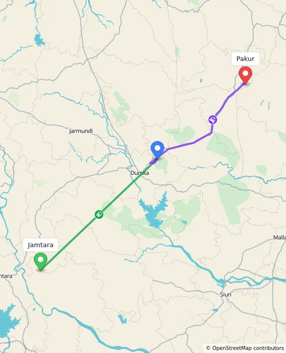 Route map showing distance and travel time from Jamtara, India to Pakur, India