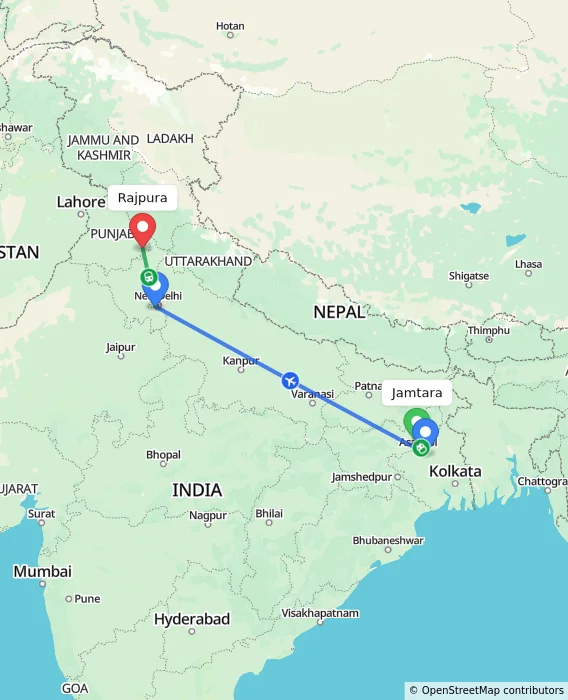 Route map showing distance and travel time from Jamtara, India to Rajpura, India