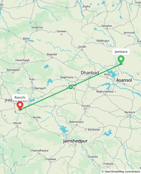 Route map showing distance and travel time from Jamtara, India to Ranchi, India