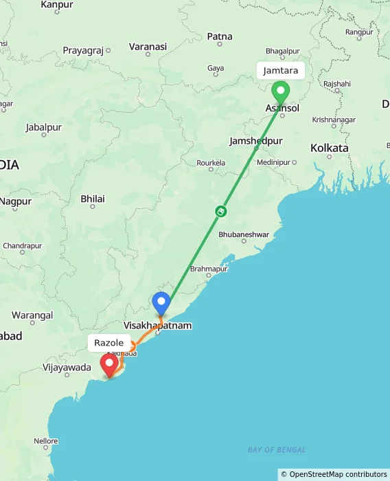 Route map showing distance and travel time from Jamtara, India to Razole, India