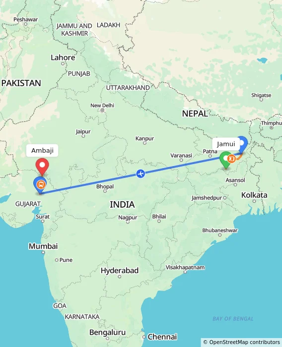 Route map showing distance and travel time from Jamui, India to Ambaji, India