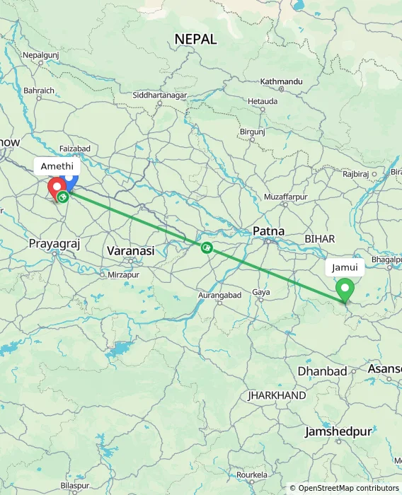 Route map showing distance and travel time from Jamui, India to Amethi, India