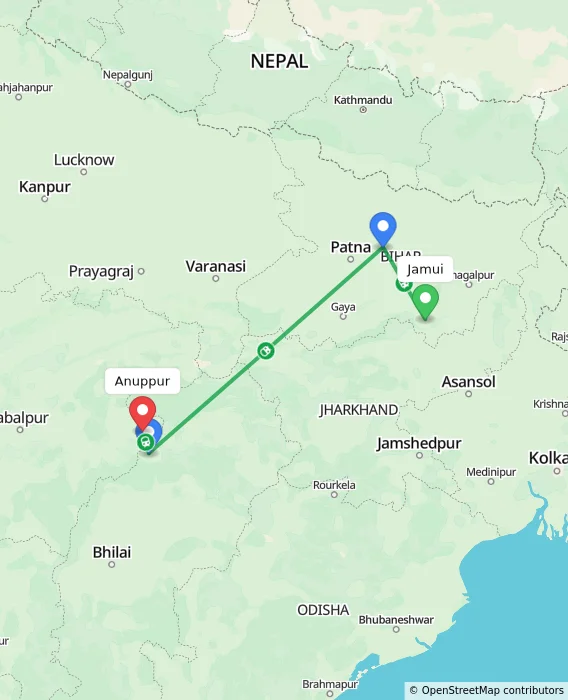 Route map showing distance and travel time from Jamui, India to Anuppur, India