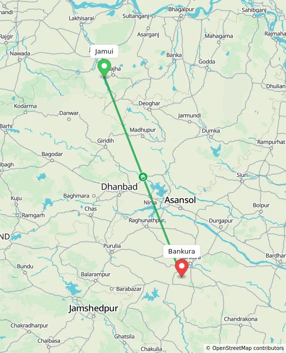 Route map showing distance and travel time from Jamui, India to Bankura, India
