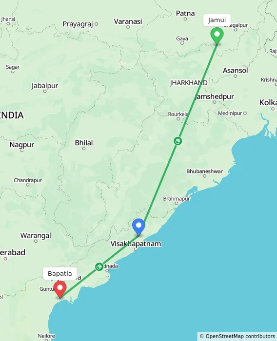 Route map showing distance and travel time from Jamui, India to Bapatla, India