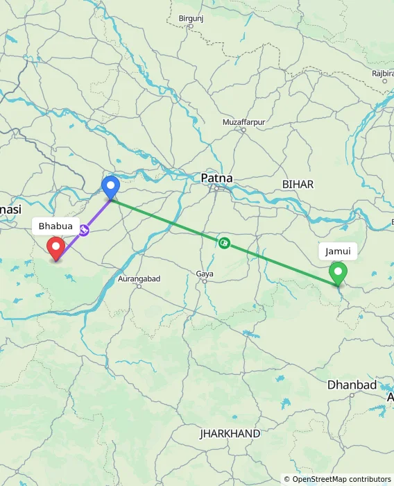 Route map showing distance and travel time from Jamui, India to Bhabua, India