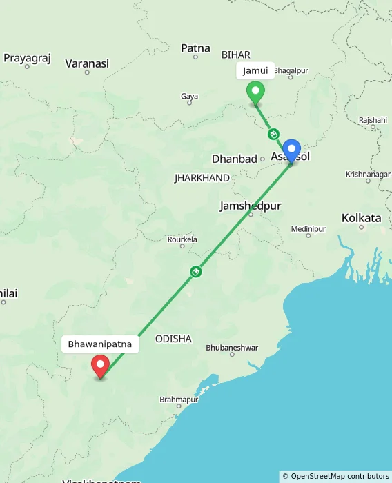 Route map showing distance and travel time from Jamui, India to Bhawanipatna, India