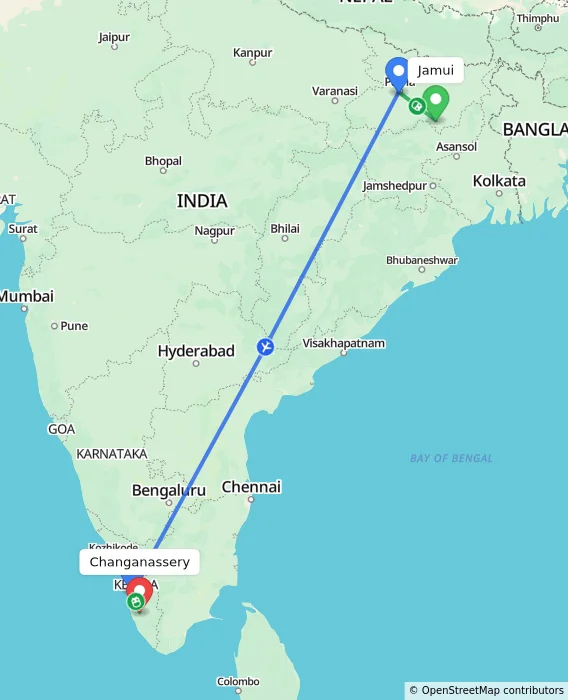 Route map showing distance and travel time from Jamui, India to Changanassery, India