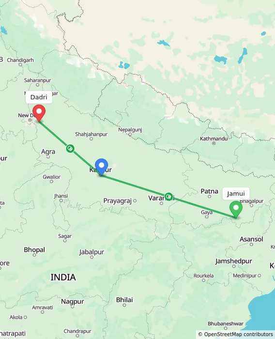 Route map showing distance and travel time from Jamui, India to Dadri, India