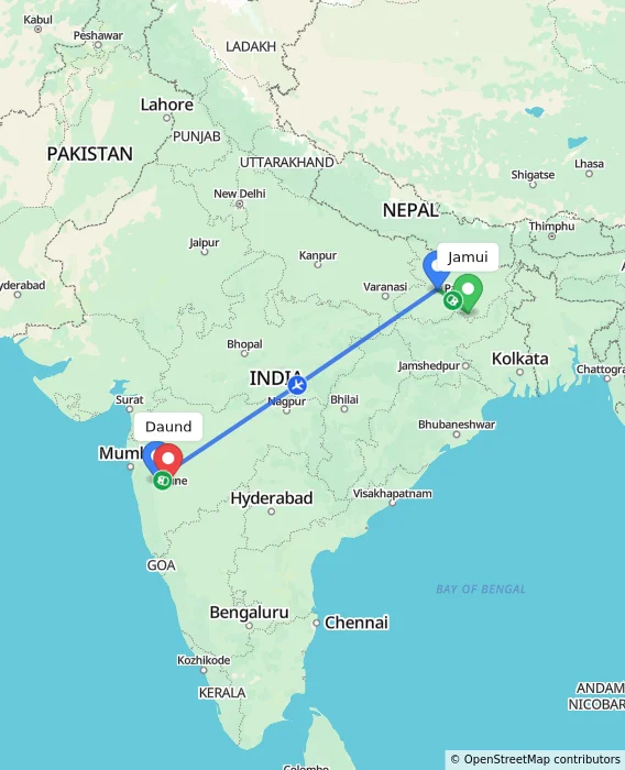 Route map showing distance and travel time from Jamui, India to Daund, India