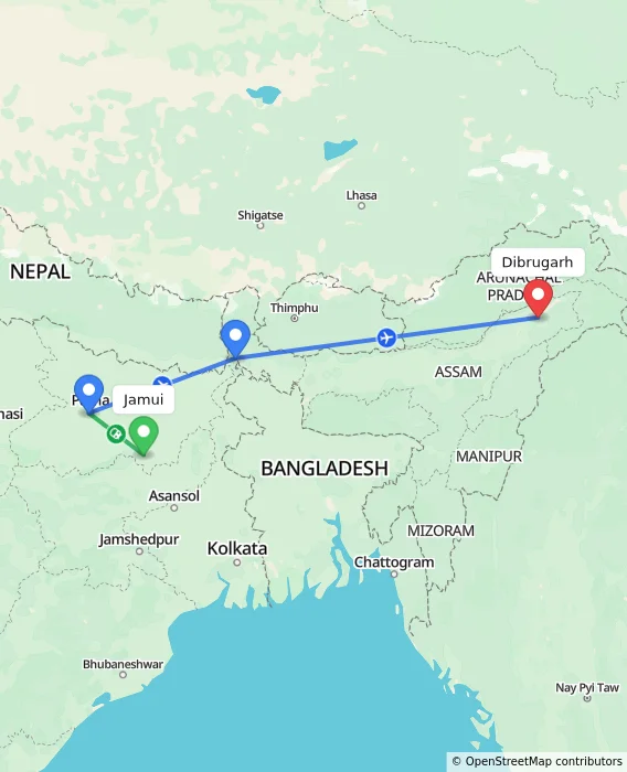 Route map showing distance and travel time from Jamui, India to Dibrugarh, India