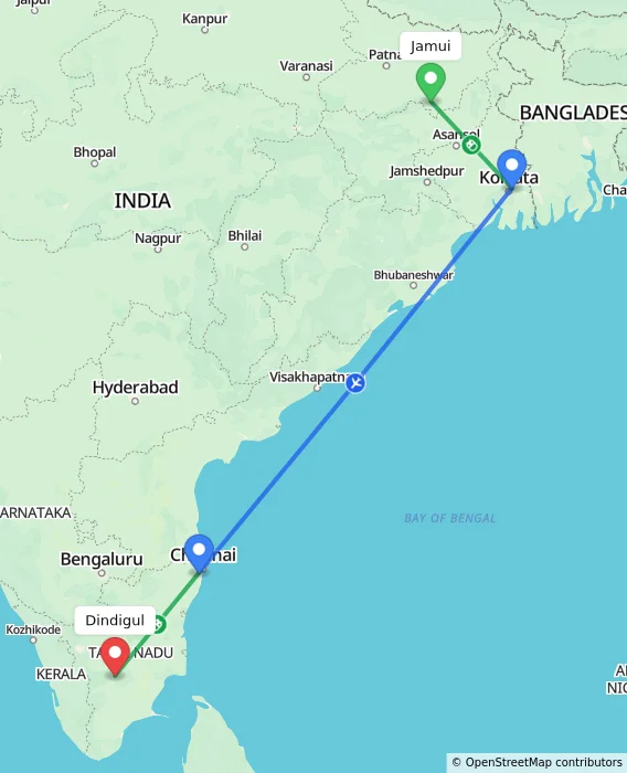 Route map showing distance and travel time from Jamui, India to Dindigul, India