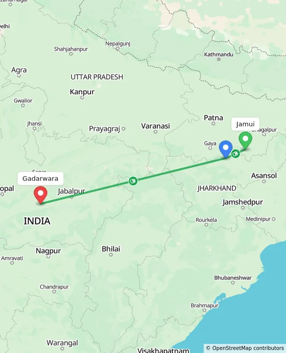 Route map showing distance and travel time from Jamui, India to Gadarwara, India