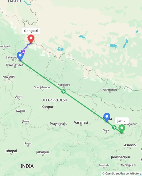Route map showing distance and travel time from Jamui, India to Gangotri, India