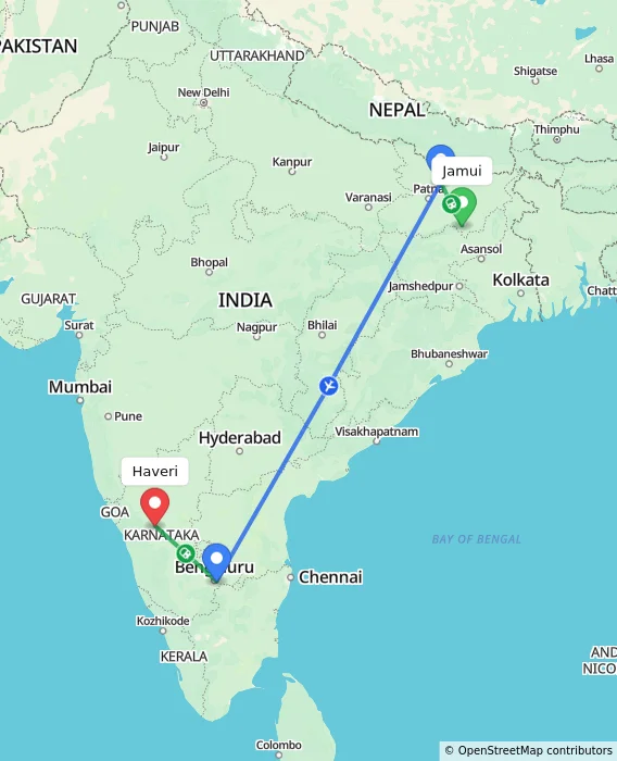 Route map showing distance and travel time from Jamui, India to Haveri, India