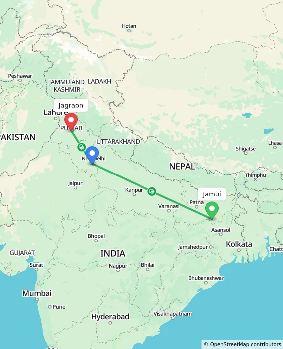 Route map showing distance and travel time from Jamui, India to Jagraon, India