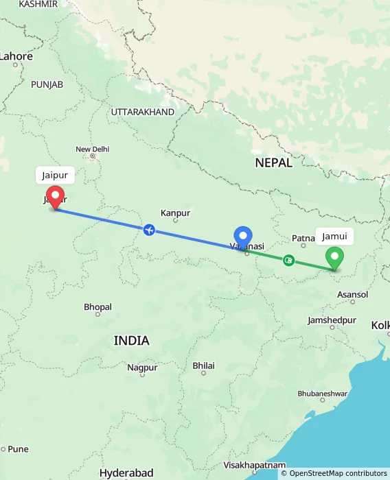Route map showing distance and travel time from Jamui, India to Jaipur, India